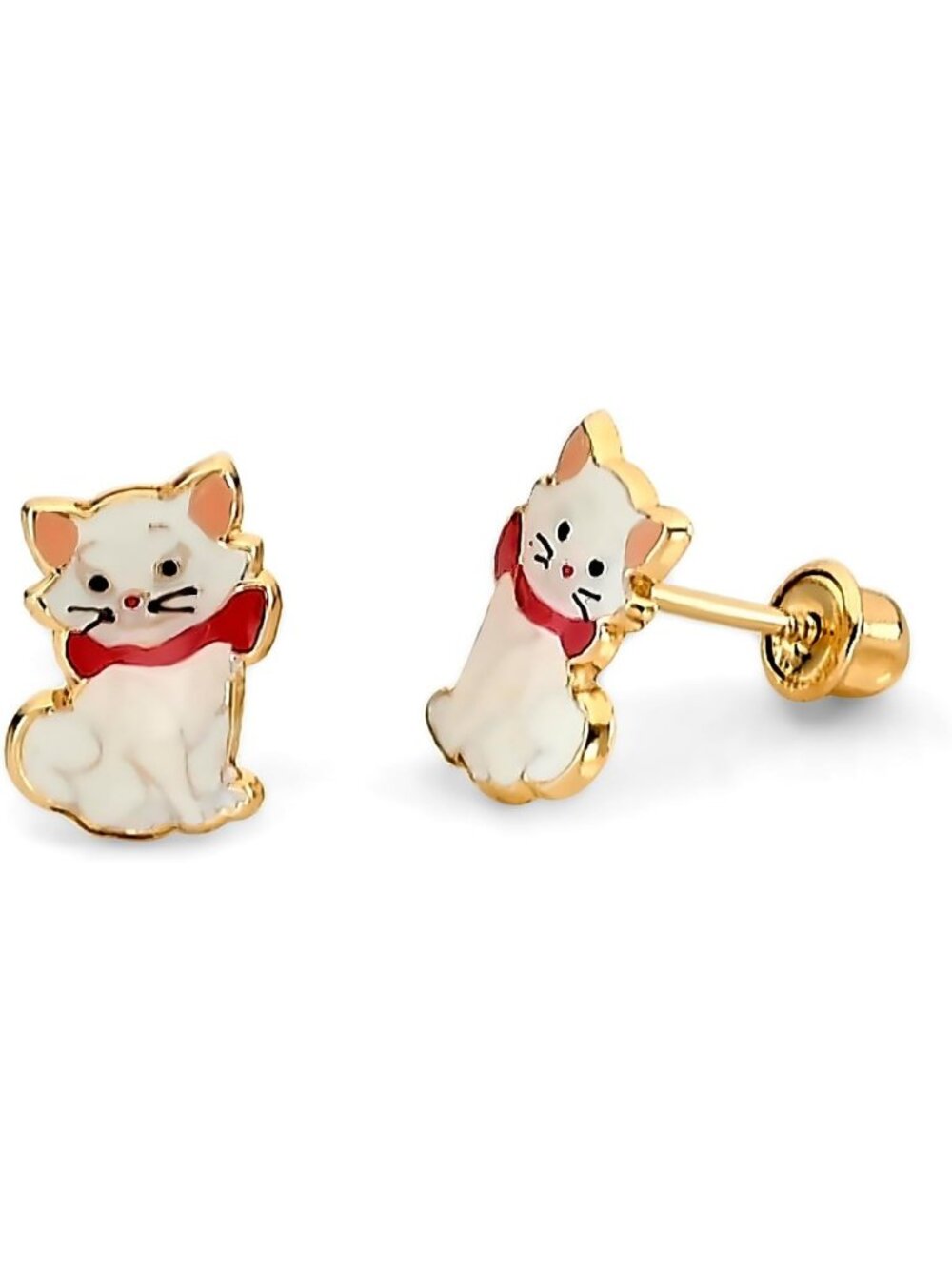 14k Yellow Gold Cat Stud Earrings with CZ & Enamel, Screw Back, Cute Animal